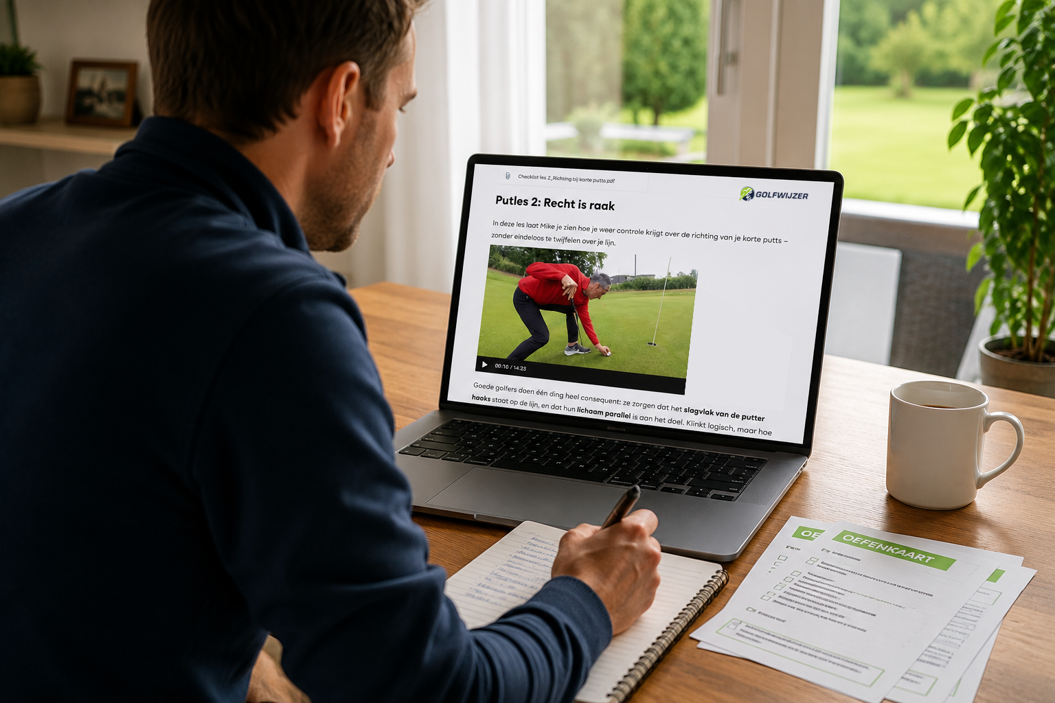 Golfer volgt thuis een online golfles van golfpro Mike van Wieringen op een laptop via Golfwijzer Basic om zijn golfspel en handicap te verbeteren.