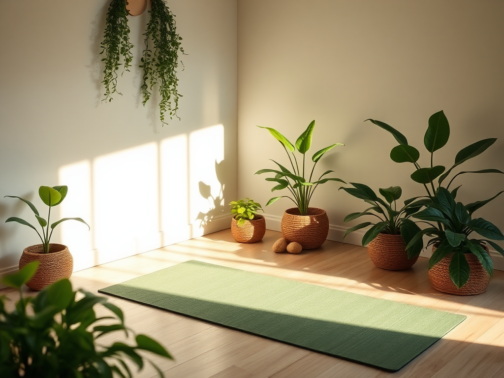 Een rustige ruimte met een yogamat en groene planten.