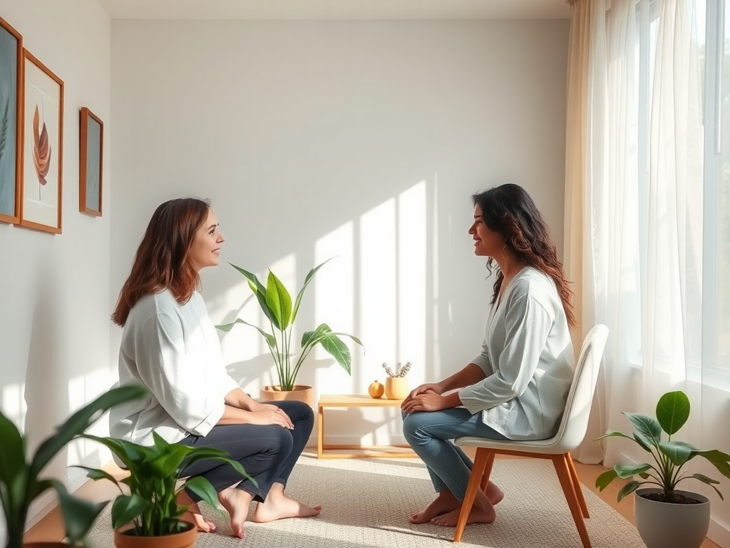 Rustige therapiekamer met planten en twee mensen in gesprek.