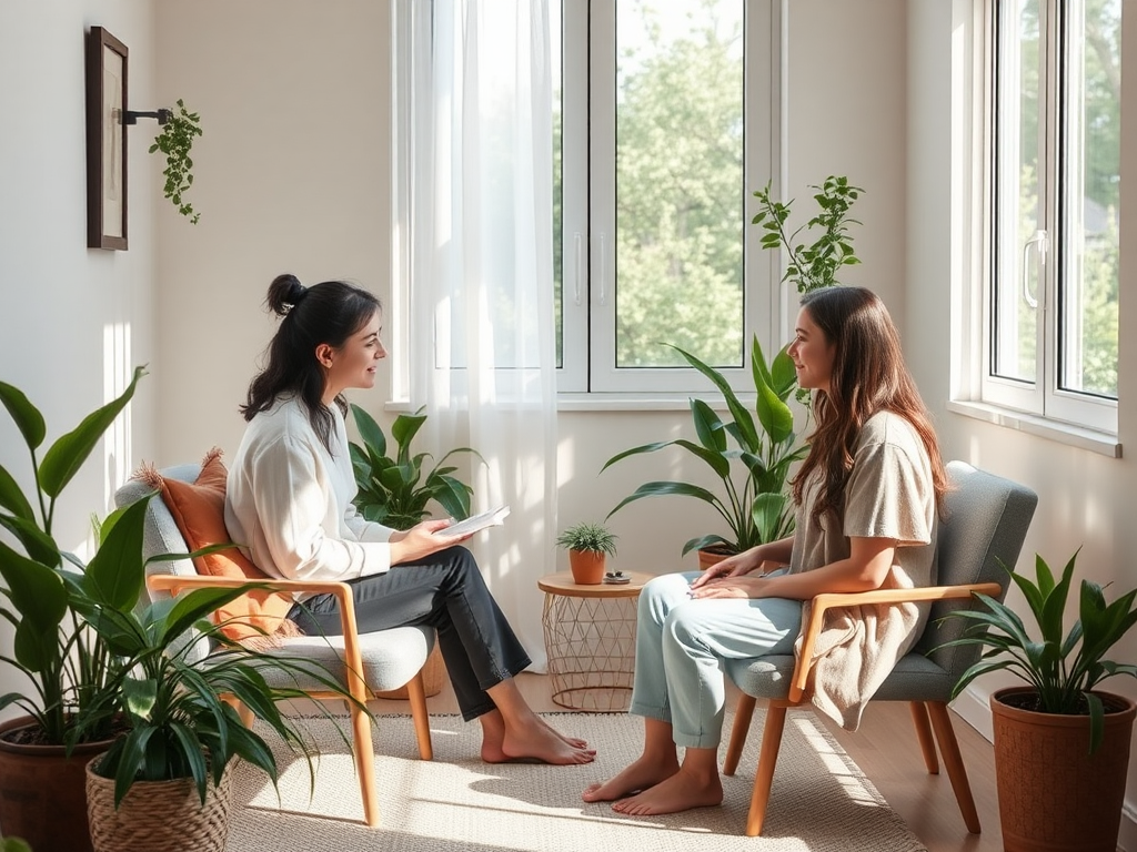 Therapiekamer met planten, rustige kleuren en een gesprek.