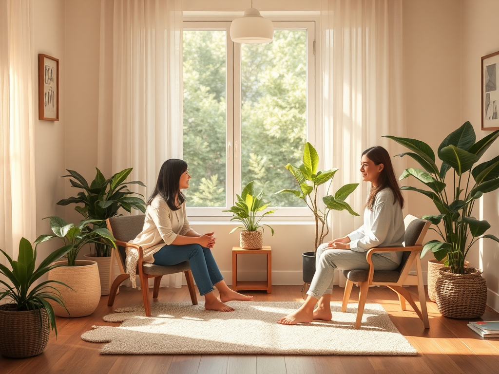 Rustige therapiekamer met planten en een gesprek.