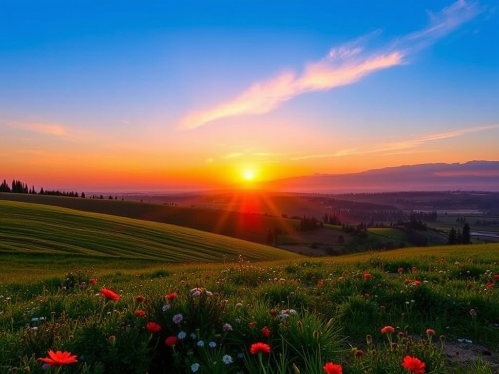 Een levendige zonsopgang boven een vredig landschap.