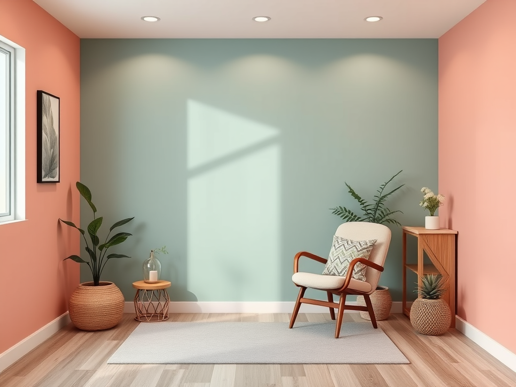 Een serene therapiekamer met rustige kleuren en planten.