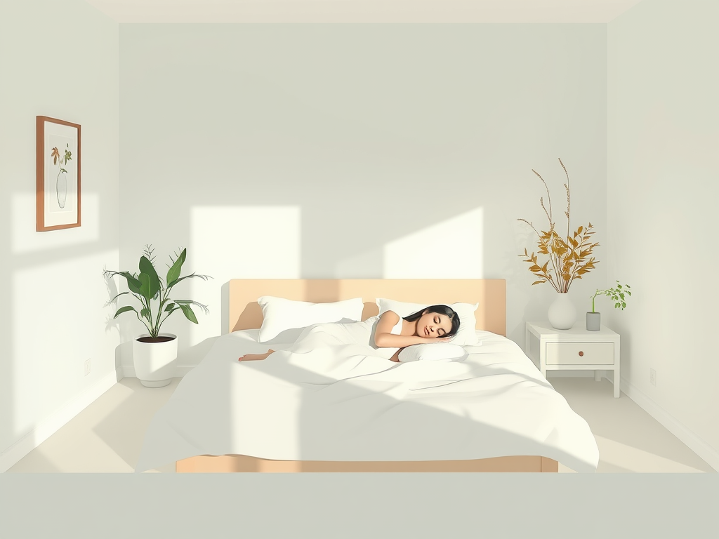 Een serene slaapkamer met een slaper en planten.