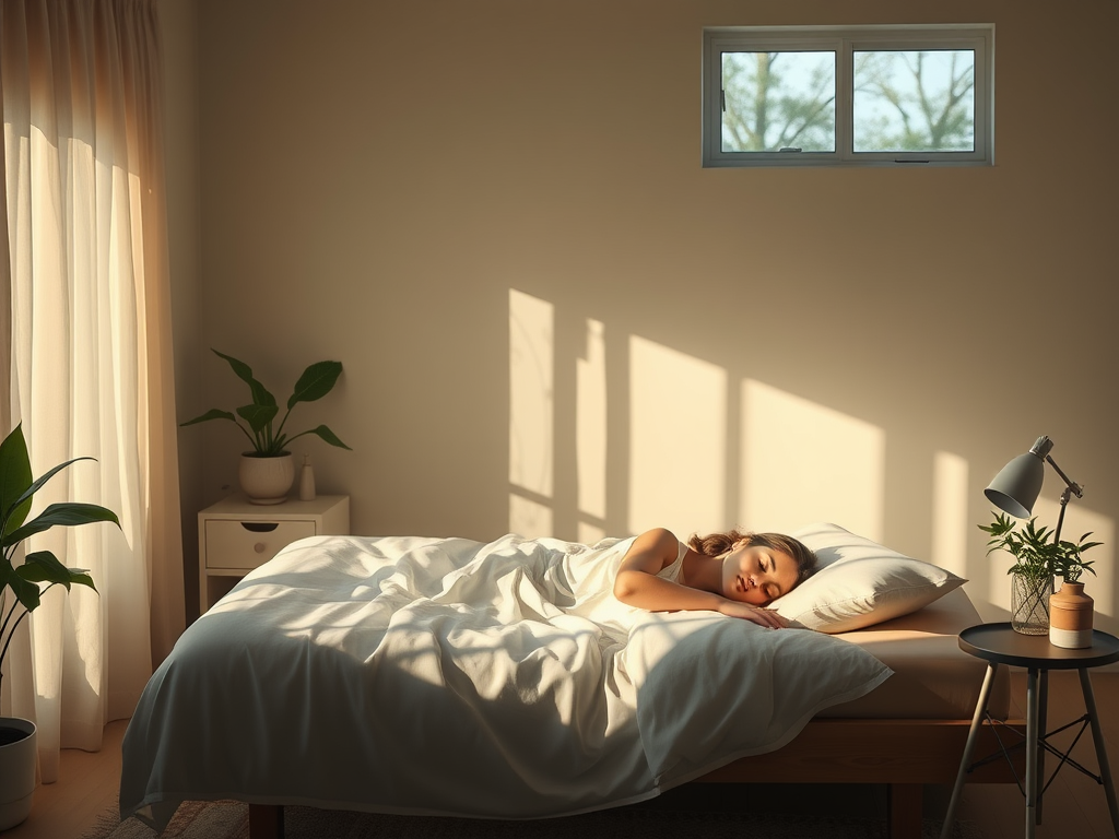 Een rustige slaapkamer met zacht licht en een slapende persoon.