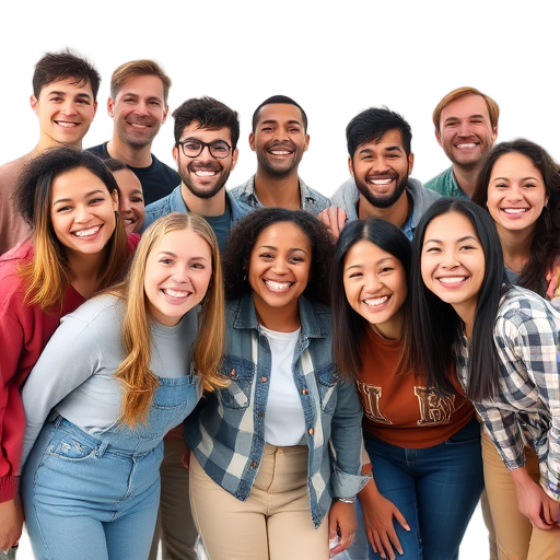 A diverse group smiling warmly, "soft natural lighting," "comfortable casual clothes," "friendly supportive expressions," "white background," conveying community and encouragement.