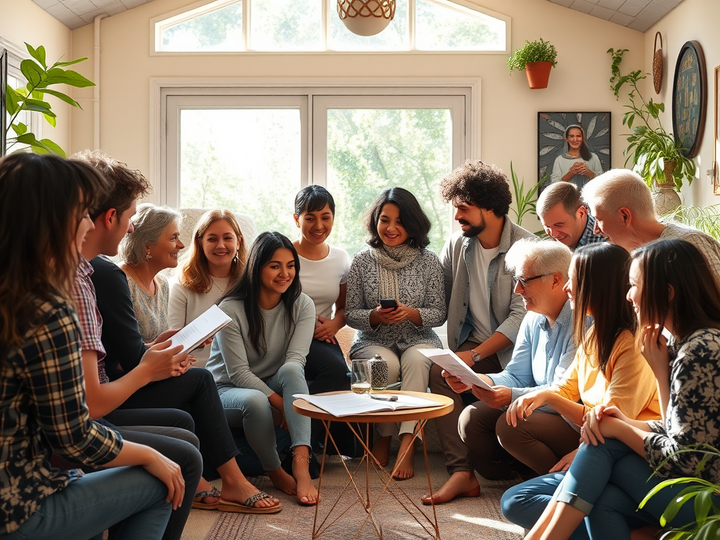 A diverse group of people "supporting each other" in a bright, cozy room, "sharing stories and exercises," surrounded by nature, "symbolizing growth and vitality."