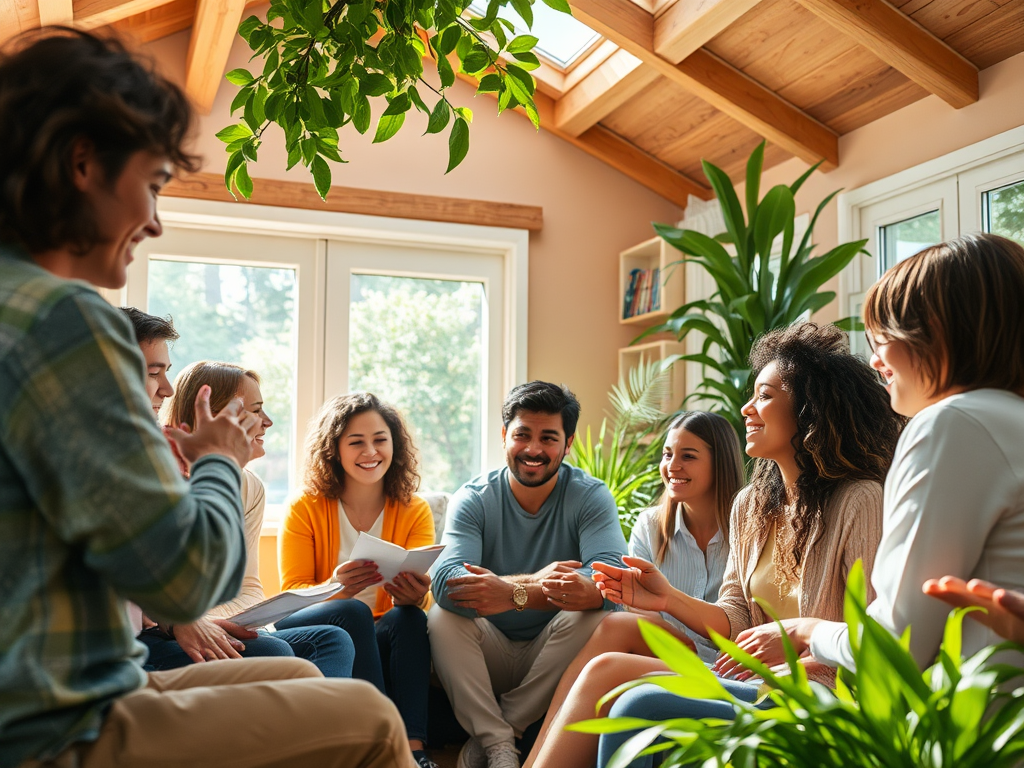 A diverse group of people "supporting each other" in a bright, cozy room, "sharing stories and exercises," surrounded by nature, "symbolizing growth and vitality."