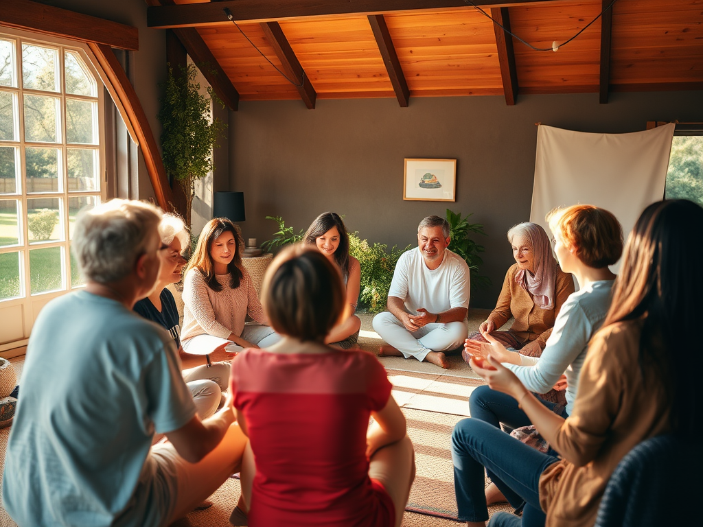A warm, inviting support group setting with diverse people engaging in gentle exercises and sharing experiences, surrounded by calming nature and soft sunlight.