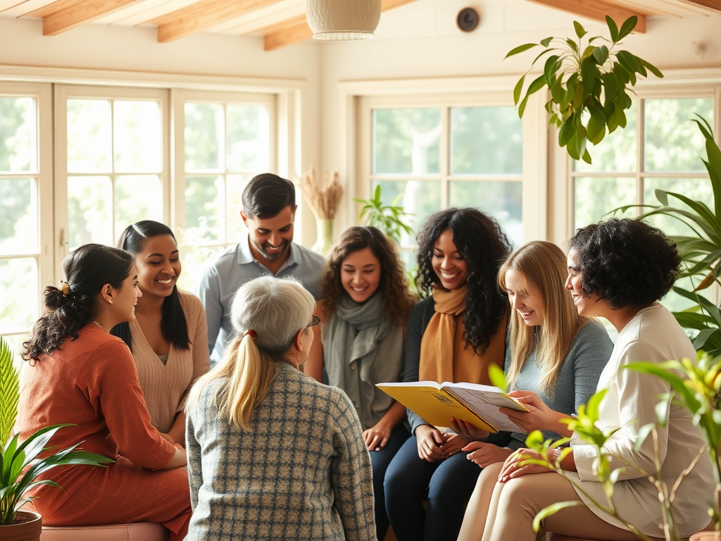 A diverse group of people "supporting each other" in a bright, cozy room, "sharing stories and exercises," surrounded by nature, "symbolizing growth and vitality."