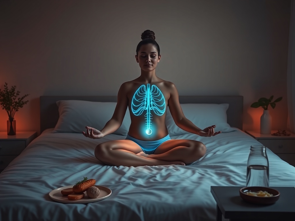 "calm bedroom at dusk" "soft warm lighting" "person meditating on bed, relaxed posture" "subtle anatomical glow at abdomen" "breath visualized as gentle waves" "healthy meal and water on bedside table" "minimalist, soothing color palette"