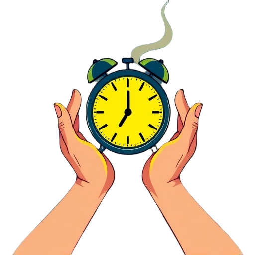 Carefully describe an image in great detail that needs to be generate, use quotes to split visual things. " "Two hands holding a glowing core" "Half day clock and calm body" "Healthy brunch plate with heart steam"