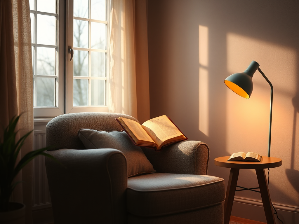 A serene, cozy reading nook with soft natural light, a comfortable armchair, open book glowing gently, warm tones, peaceful atmosphere, subtle inner child theme.