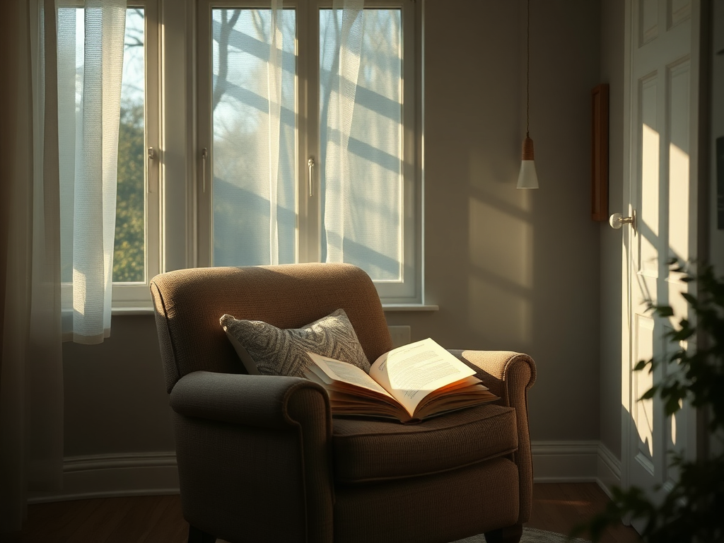 A serene, cozy reading nook with soft natural light, a comfortable armchair, open book glowing gently, warm tones, peaceful atmosphere, subtle inner child theme.