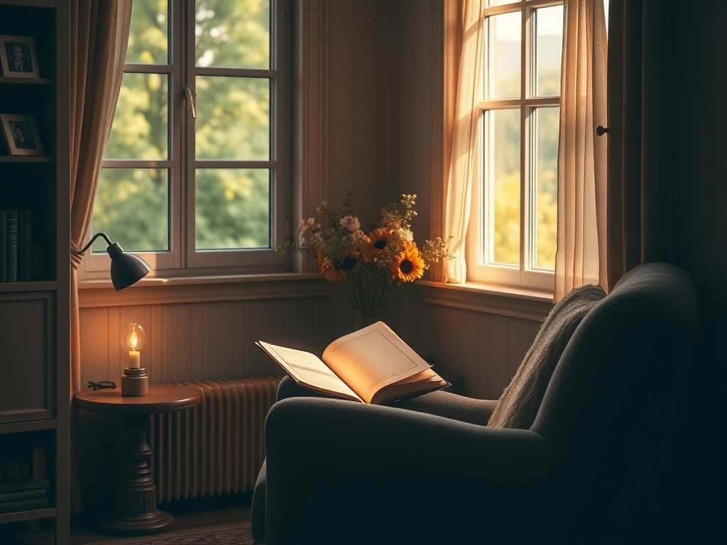 A serene, cozy reading nook with soft natural light, a comfortable armchair, open book glowing gently, warm tones, peaceful atmosphere, subtle inner child theme.