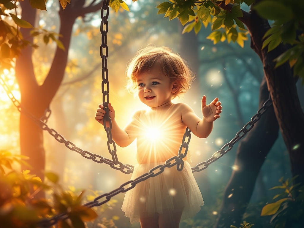 A radiant child surrounded by glowing light, breaking free from chains, amidst a dreamy forest with vibrant colors and soft, warm sunlight filtering through leaves.