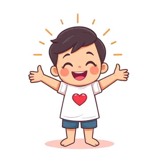 "childlike figure" "open arms" "radiant smile" "bright colors" "heart symbol" "gentle light" "soft background" "playful pose" "warm aura"