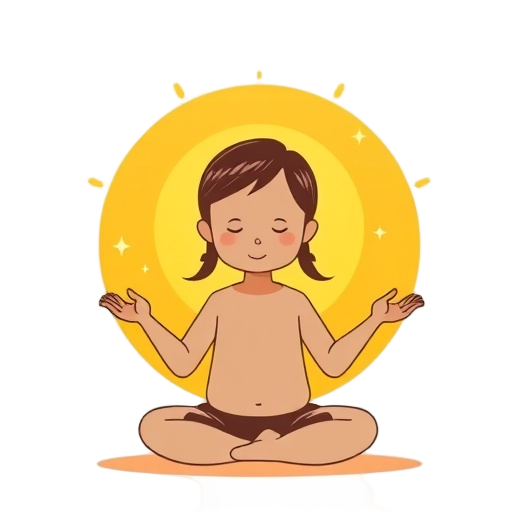 "child's silhouette" "gentle morning sun" "peaceful yoga pose" "light sparkles" "open hands" "healing light" "soft waves" "calm face" "relaxed posture" "glowing heart" "storybook" "flowing lines" "free bird" "bright smile" "radiant aura"