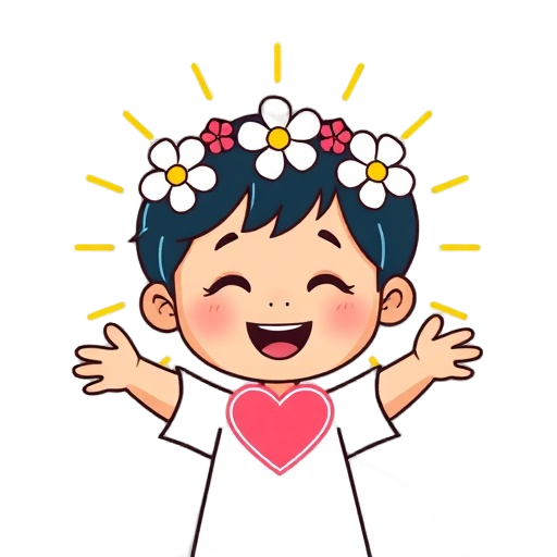 "playful child" "heart glow" "open hands" "sun rays" "soft smile" "bright colors" "flower crown" "joyful pose" "simple shapes"