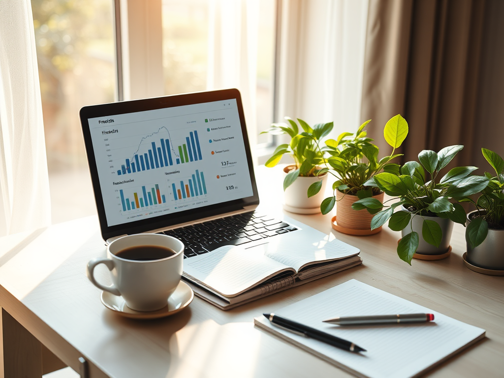 A serene workspace with "a laptop displaying financial charts", "a notebook with a pen", "a cup of coffee", "natural sunlight streaming through a window", and "green plants on the desk", symbolizing financial planning and growth.