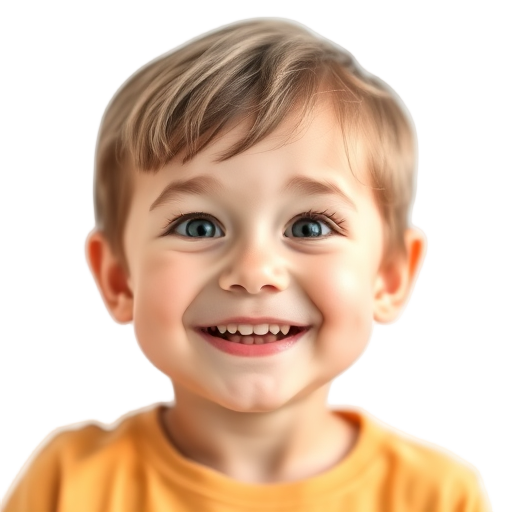 A smiling child with bright eyes, soft natural lighting, white background, playful expression, radiating confidence and warmth, surrounded by subtle colorful abstract shapes.