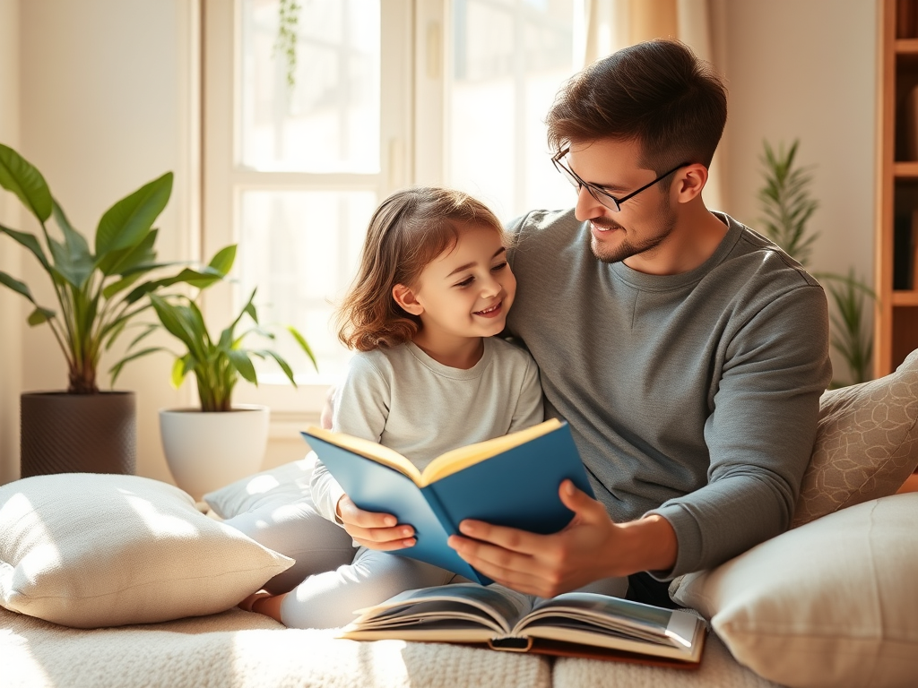 A gentle parent and child in a warm, sunlit room, surrounded by soft cushions, plants, and open books, sharing a tender, empowering moment together.