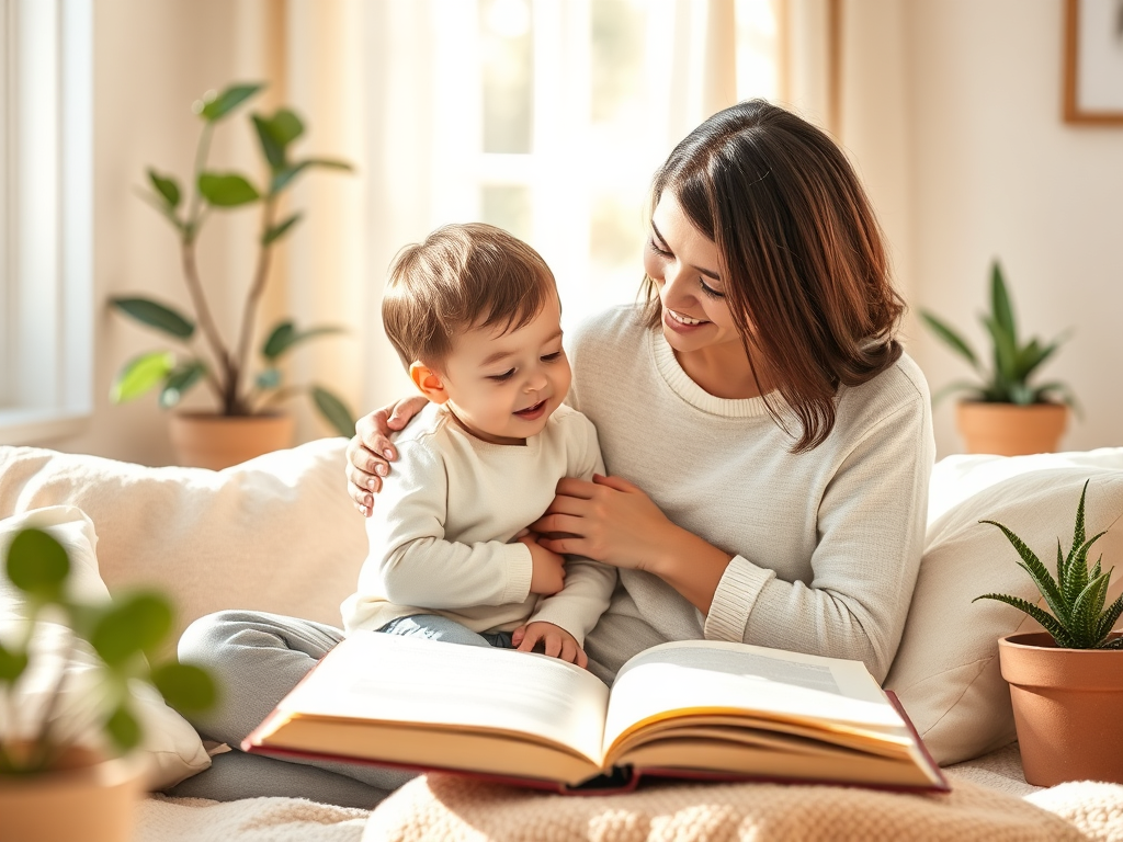 A gentle parent and child in a warm, sunlit room, surrounded by soft cushions, plants, and open books, sharing a tender, empowering moment together.
