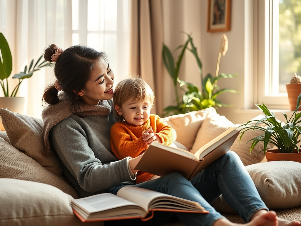 A gentle parent and child in a warm, sunlit room, surrounded by soft cushions, plants, and open books, sharing a tender, empowering moment together.