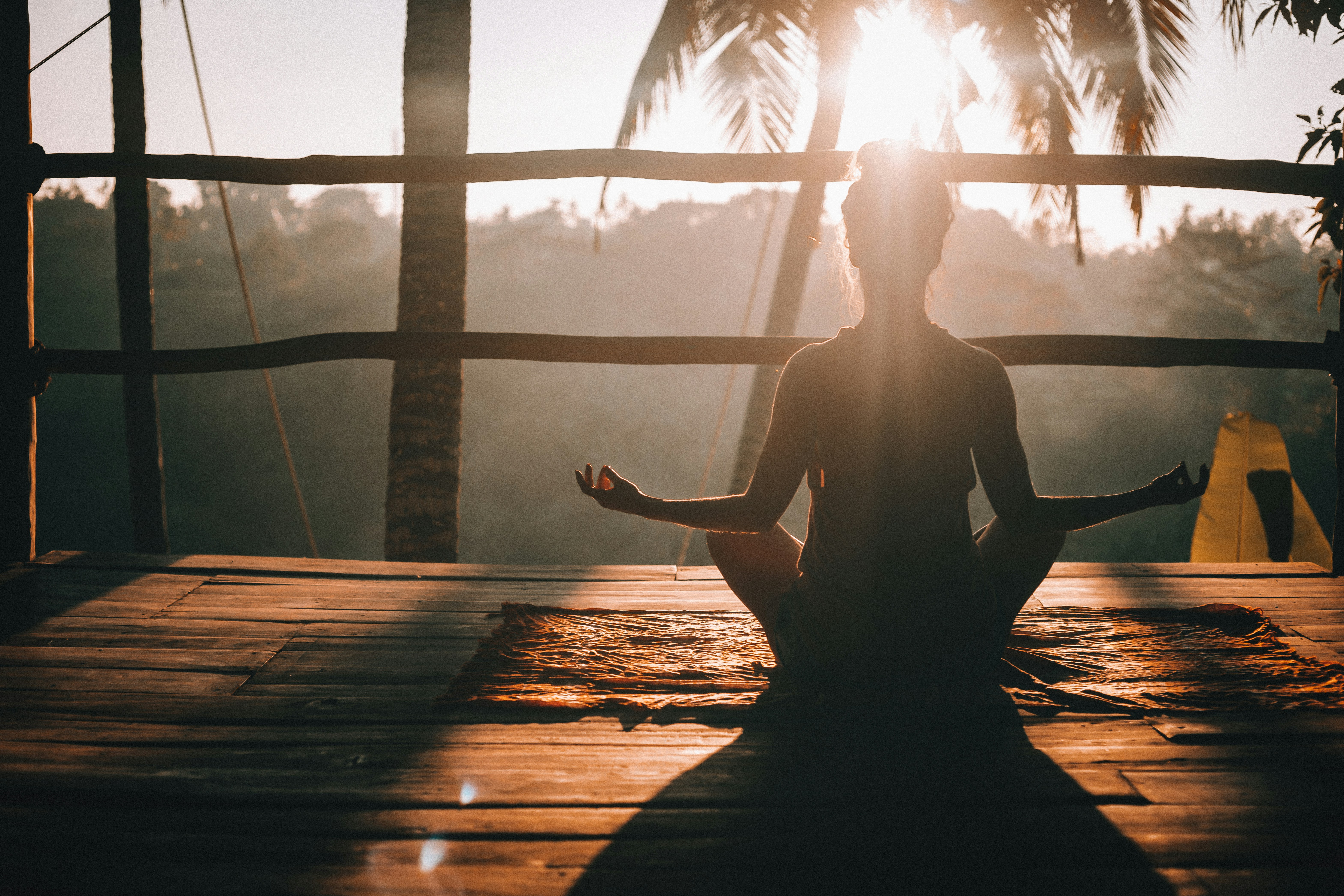 a wide version of the morning yoga session over looking the Bali jungle.