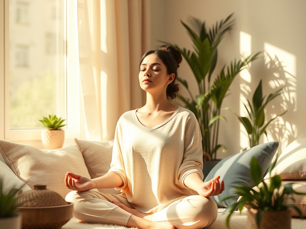 A serene mother sitting peacefully in a sunlit room, surrounded by soft cushions and gentle plants, meditating with closed eyes, soft natural light, warm cozy colors.