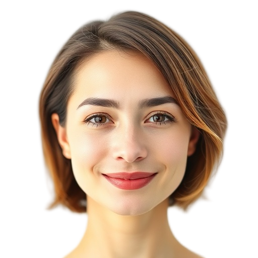 A calm woman smiling gently to the camera with a soft white background looking like