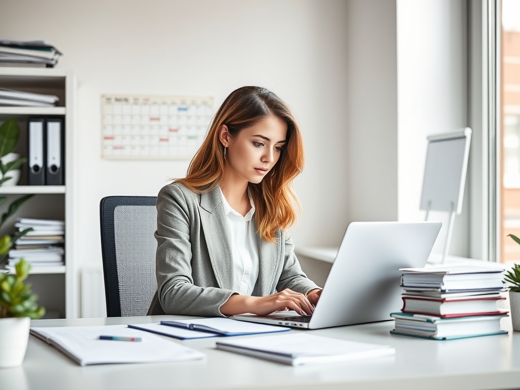 A calm, organized modern office space with a focused professional woman working on a laptop, surrounded by neatly arranged files, digital calendars, and soft natural light.
