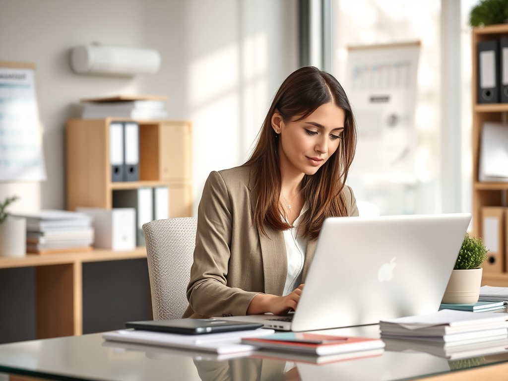 A calm, organized modern office space with a focused professional woman working on a laptop, surrounded by neatly arranged files, digital calendars, and soft natural light.
