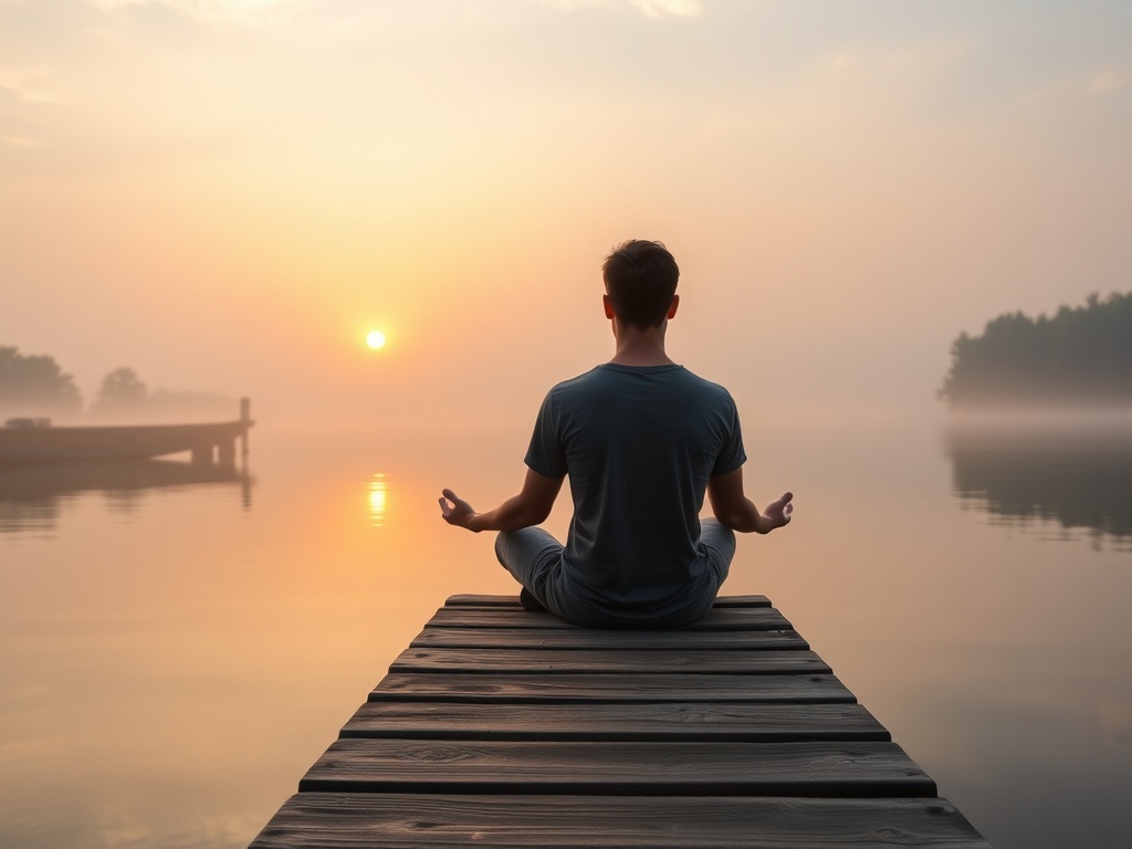 "Serene sunrise over calm lake" "young person meditating on wooden dock" "lush green trees surrounding water" "soft morning light reflecting" "peaceful, fresh energy ambiance"