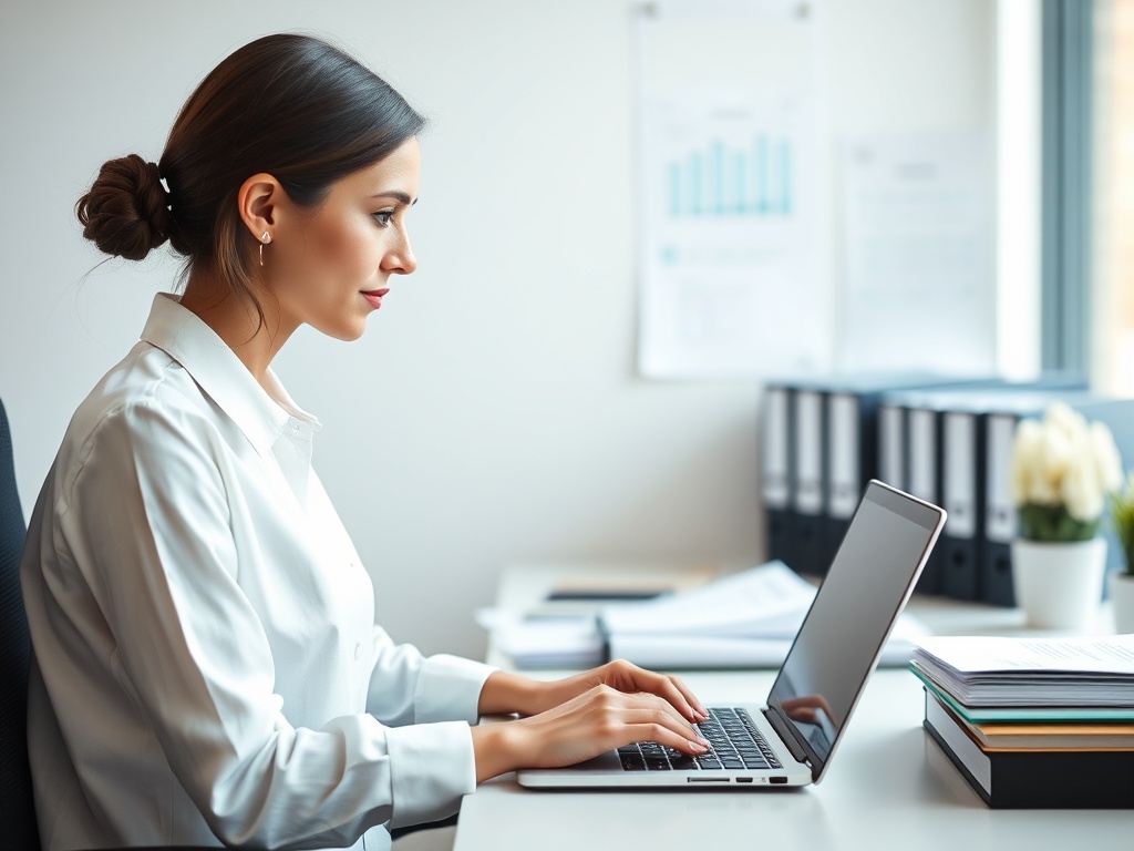 A calm, organized modern office space with a focused professional woman working on a laptop, surrounded by neatly arranged files, digital calendars, and soft natural light.