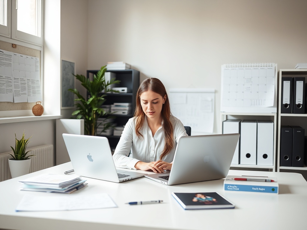 A calm, organized modern office space with a focused professional woman working on a laptop, surrounded by neatly arranged files, digital calendars, and soft natural light.