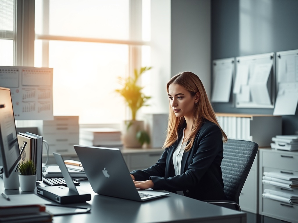 A calm, organized modern office space with a focused professional woman working on a laptop, surrounded by neatly arranged files, digital calendars, and soft natural light.