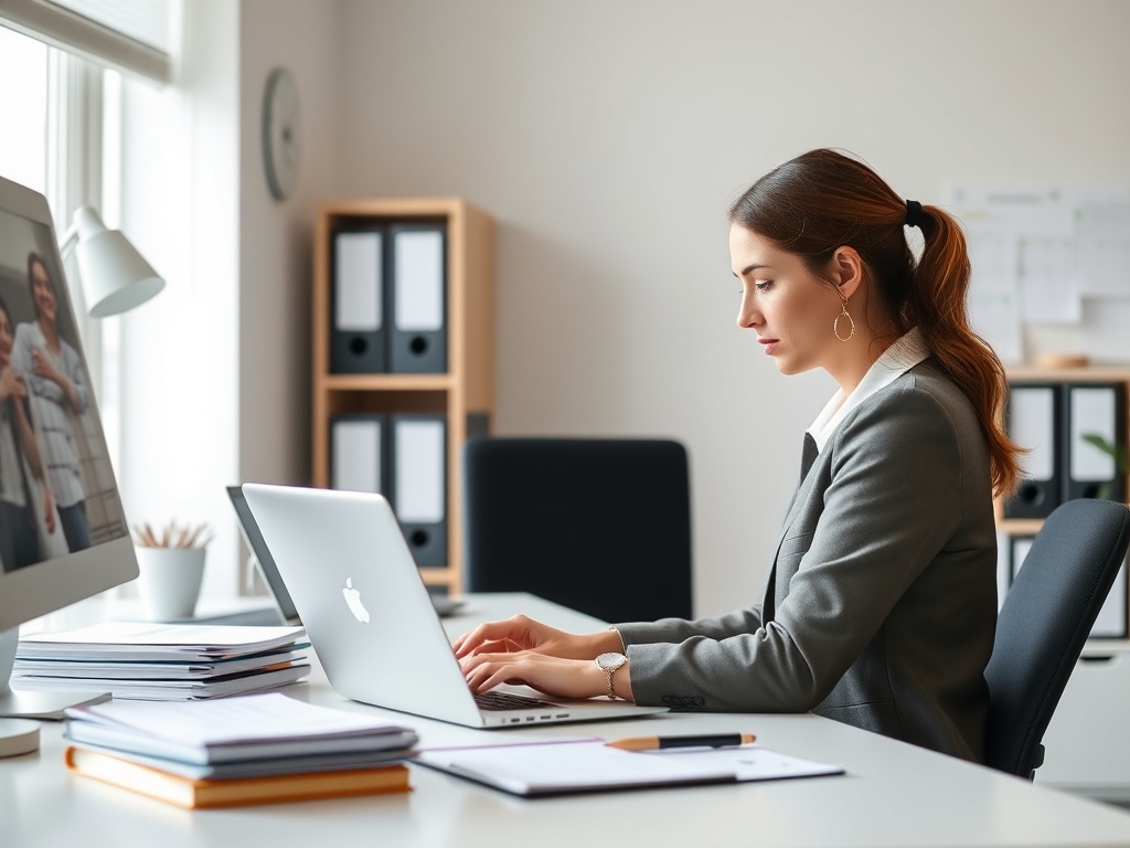 A calm, organized modern office space with a focused professional woman working on a laptop, surrounded by neatly arranged files, digital calendars, and soft natural light.