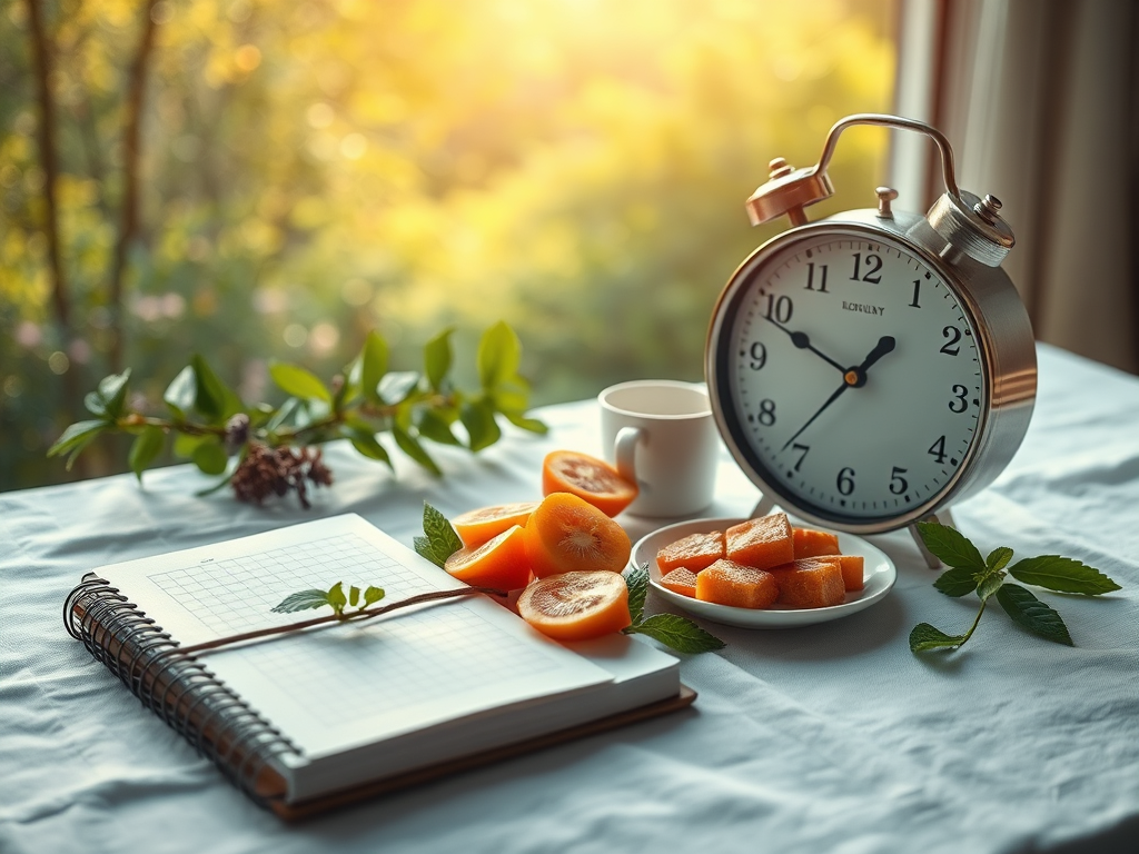 A serene morning scene with a journal, healthy food, and a clock showing intermittent fasting times, surrounded by calm nature, soft sunlight, and peaceful ambiance.