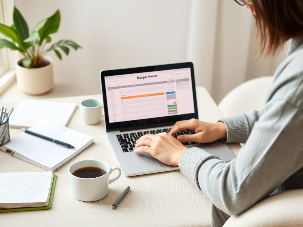 A peaceful home office scene with "a laptop displaying a budget planner," "a cup of coffee," "notebooks and pens," "a calm person thoughtfully managing finances," and "soft natural lighting."