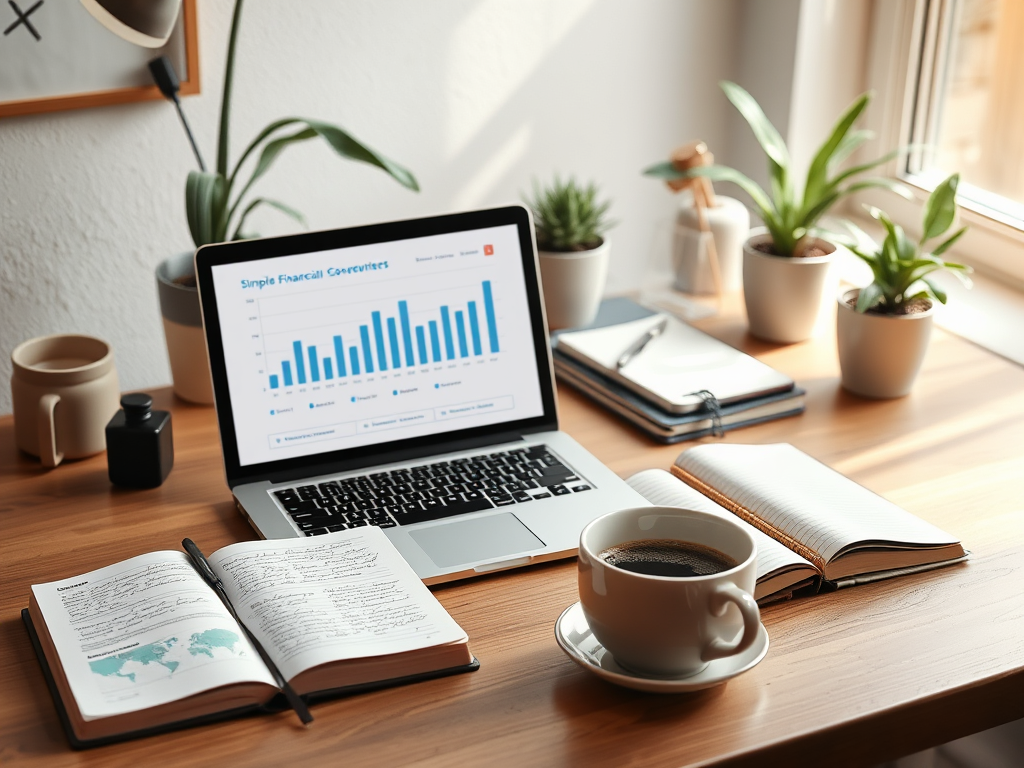 A cozy workspace with a "laptop displaying a simple financial overview," "notebook with handwritten notes," "coffee cup steaming," "soft natural light," and "calm, organized desk with plants."