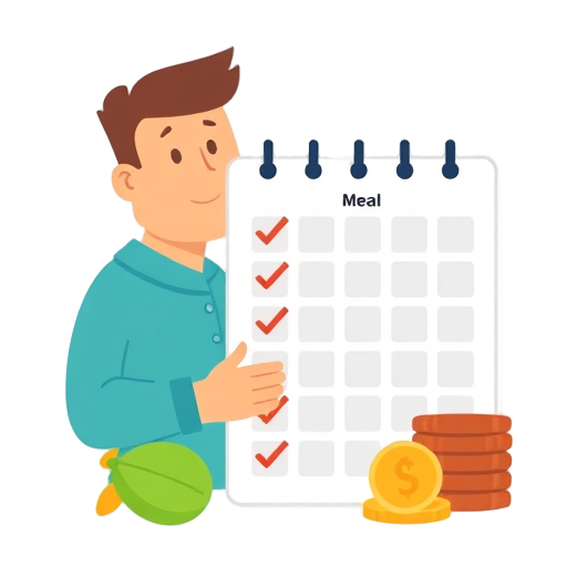 "meal plan" "calendar grid" "healthy food" "budget coins" "checklist" "monthly chart" "motivated person"