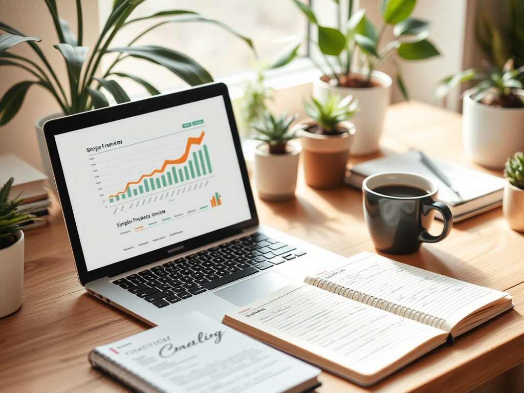 A cozy workspace with a "laptop displaying a simple financial overview," "notebook with handwritten notes," "coffee cup steaming," "soft natural light," and "calm, organized desk with plants."