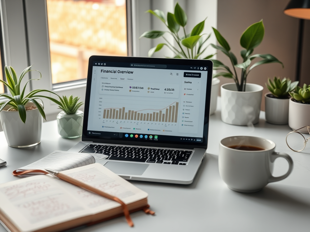 A cozy workspace with a "laptop displaying a simple financial overview," "notebook with handwritten notes," "coffee cup steaming," "soft natural light," and "calm, organized desk with plants."