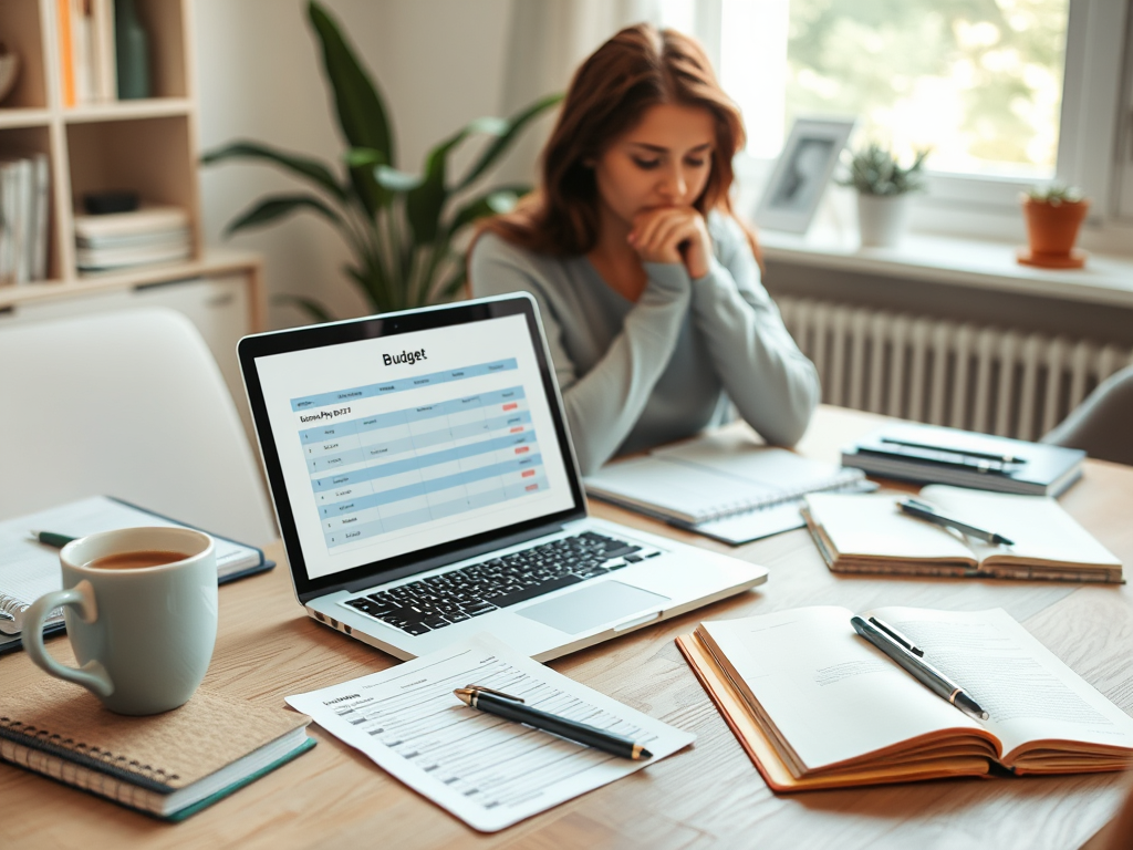 A peaceful home office scene with "a laptop displaying a budget planner," "a cup of coffee," "notebooks and pens," "a calm person thoughtfully managing finances," and "soft natural lighting."