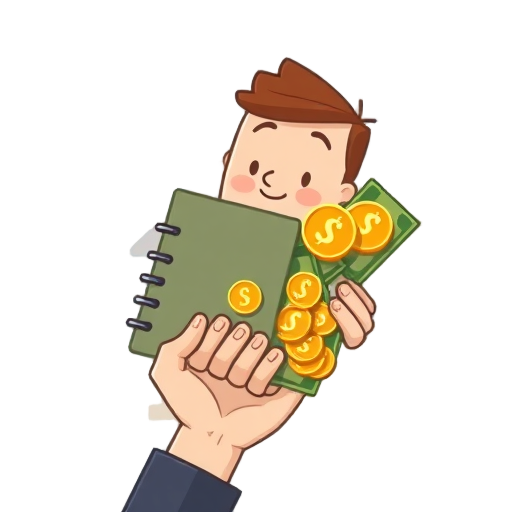 "hand holding" "budget planner" "coins and bills" "calm face" "home background" "light blue"