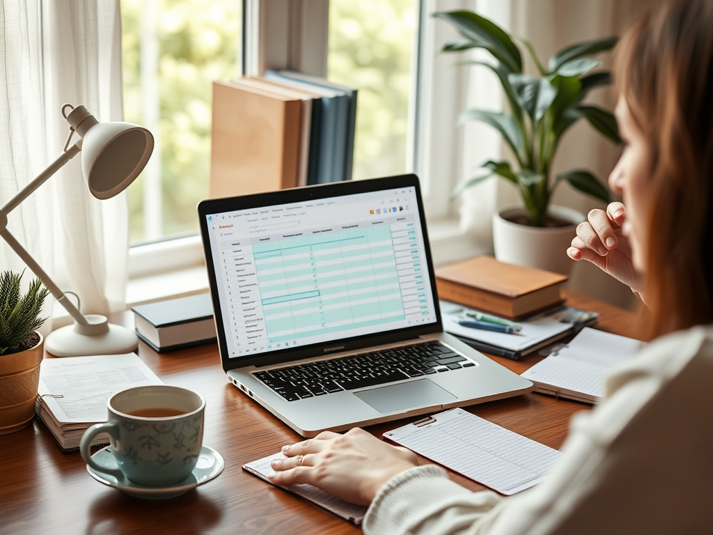 A peaceful home office scene with "a laptop displaying a budget planner," "a cup of coffee," "notebooks and pens," "a calm person thoughtfully managing finances," and "soft natural lighting."