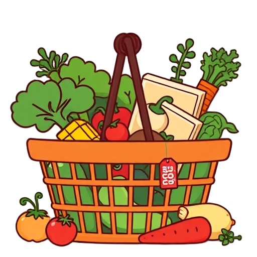 "Fresh vegetables" "Shopping basket" "Recipe book" "Discount tag" "Seasonal produce" "Healthy meal"
