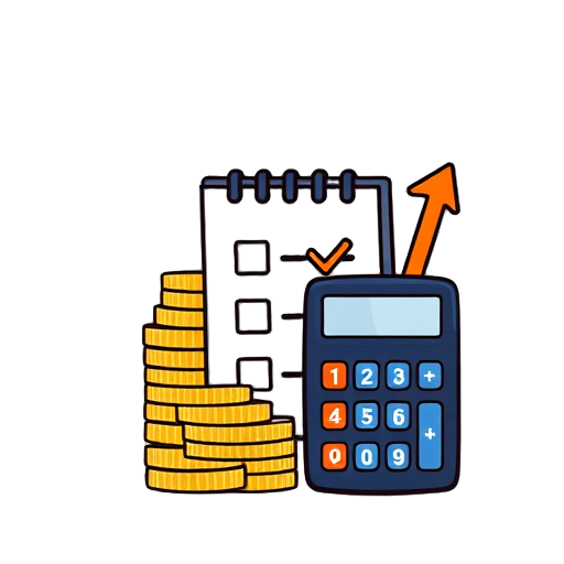 "stacked coins" "calendar page" "checklist clipboard" "bar graph" "calculator device" "wallet open" "dollar sign" "arrow up" "arrow down"
