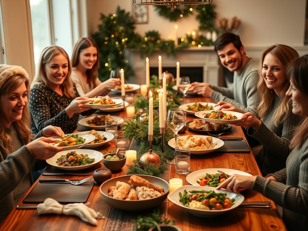 "cozy festive dinner table" "affordable elegant dishes" "hands arranging platters" "warm candlelight" "simple rustic decor" "joyful guests smiling"